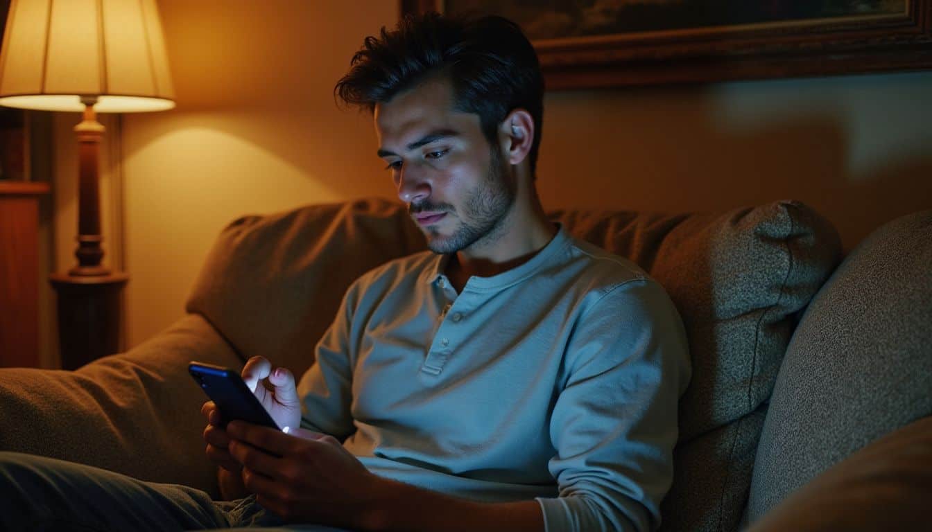 A relaxed young man enjoys listening to music on his smartphone while seated on a cozy sofa in a warm living room. A relaxed young man enjoys listening to music on his smartphone while seated on a cozy sofa in a warm living room.