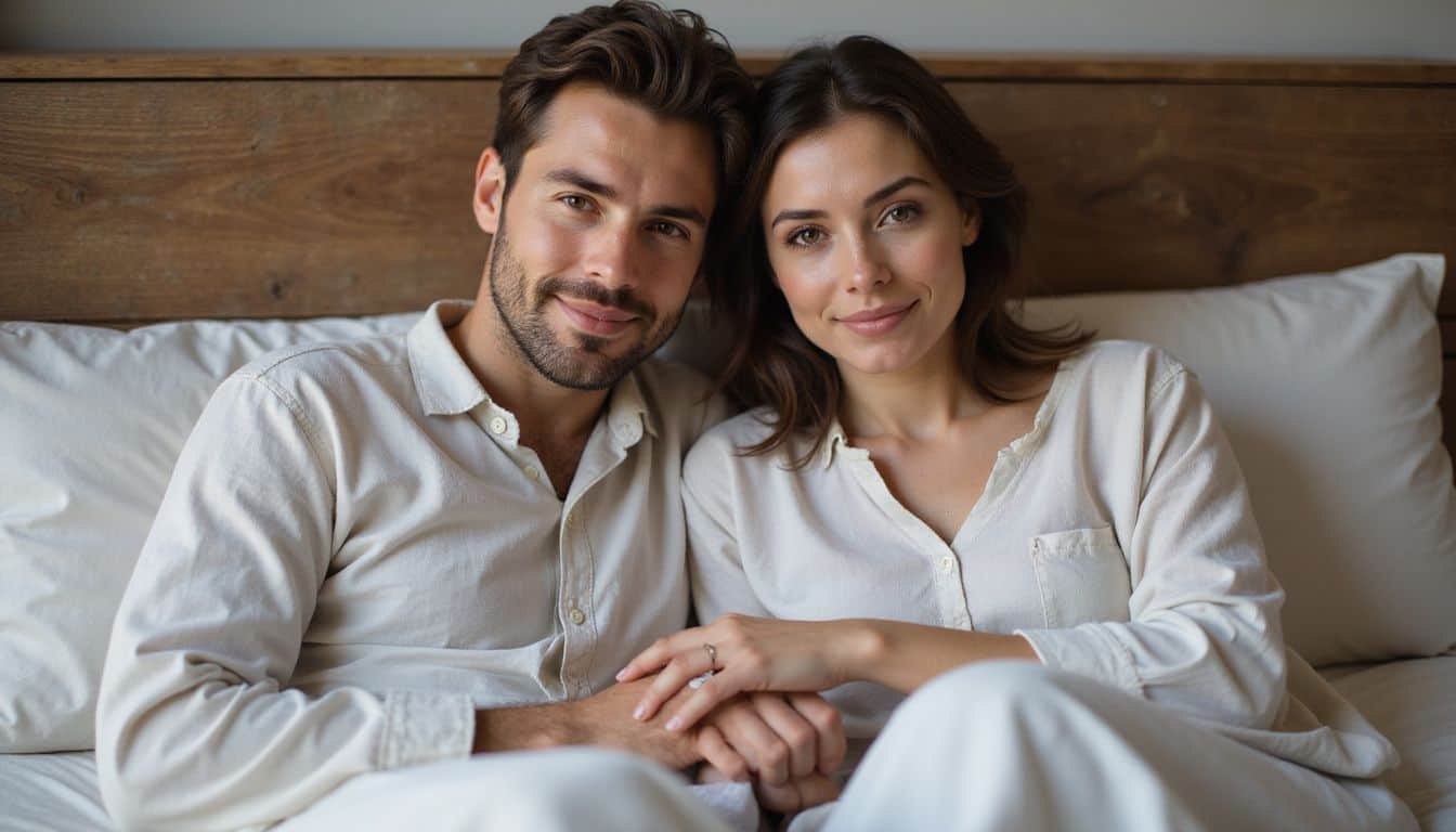 A couple in casual pajamas share a tender moment on a bed, radiating warmth and comfort in their relaxed poses. A couple in casual pajamas share a tender moment on a bed, radiating warmth and comfort in their relaxed poses.