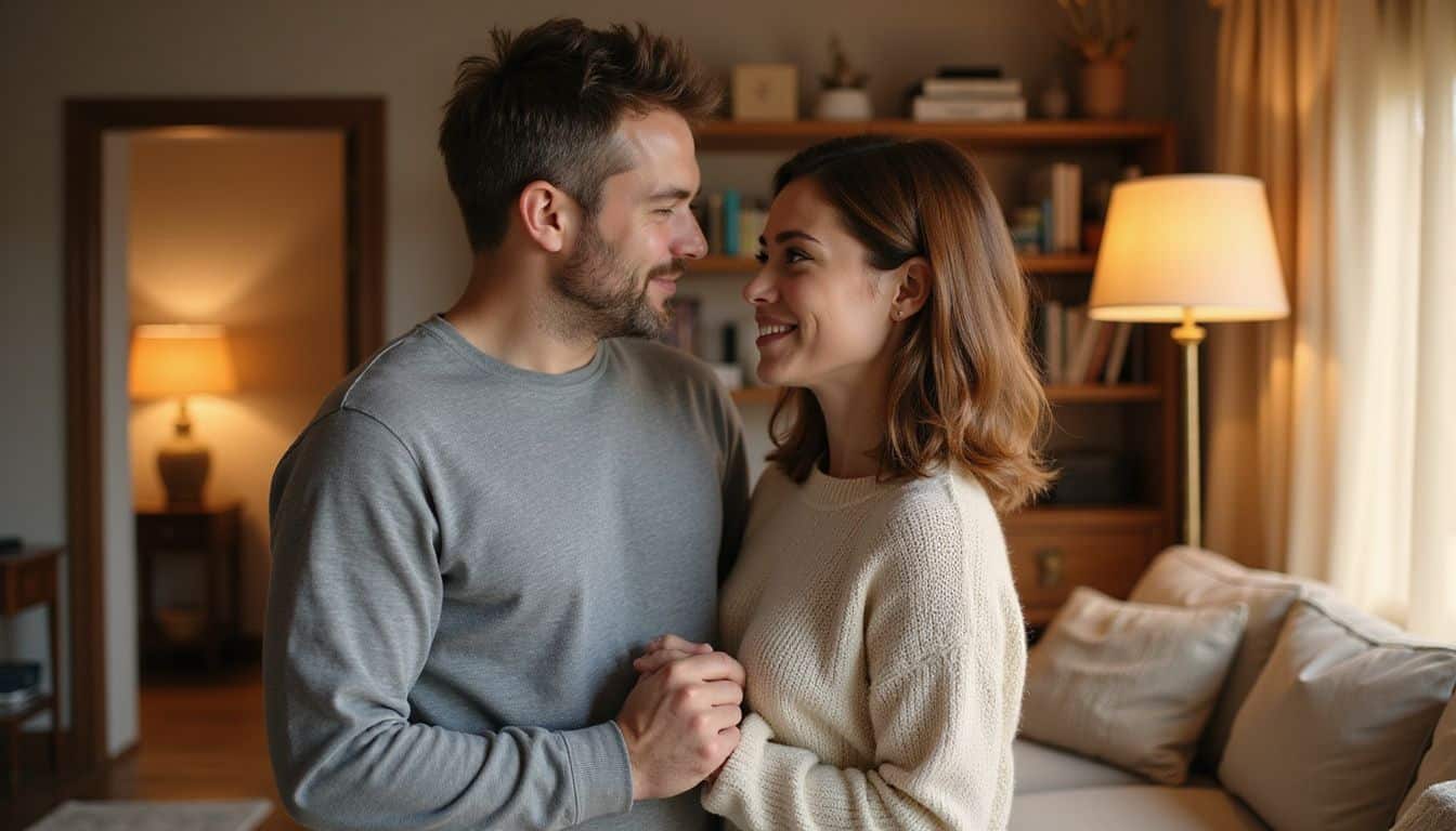 A couple in casual attire shares a tender moment, hands intertwined in an inviting living room. A couple in casual attire shares a tender moment, hands intertwined in an inviting living room.
