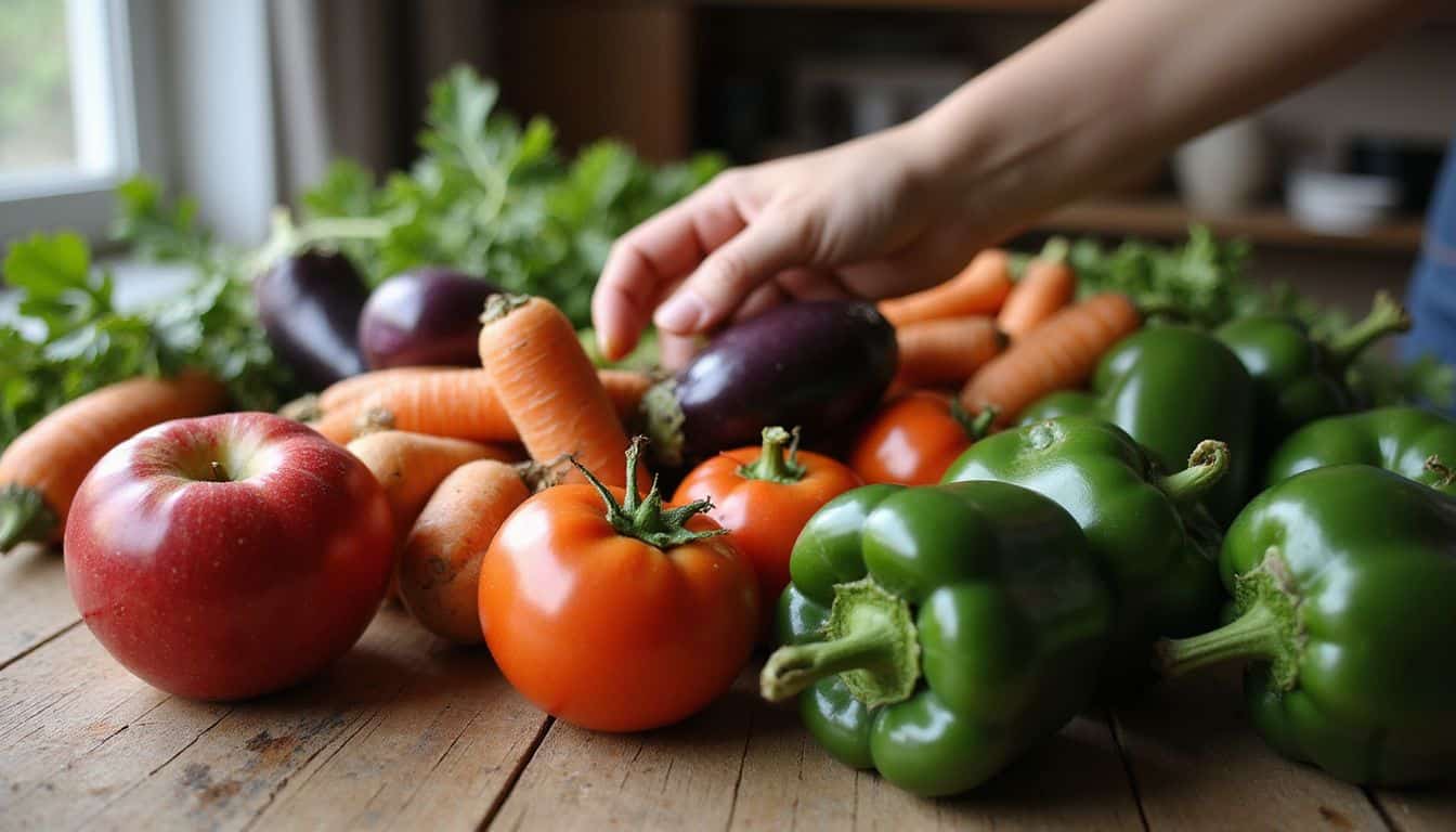 A close-up of fresh fruits and vegetables displays vibrant colors and organic textures on a rustic wooden table. A close-up of fresh fruits and vegetables displays vibrant colors and organic textures on a rustic wooden table.