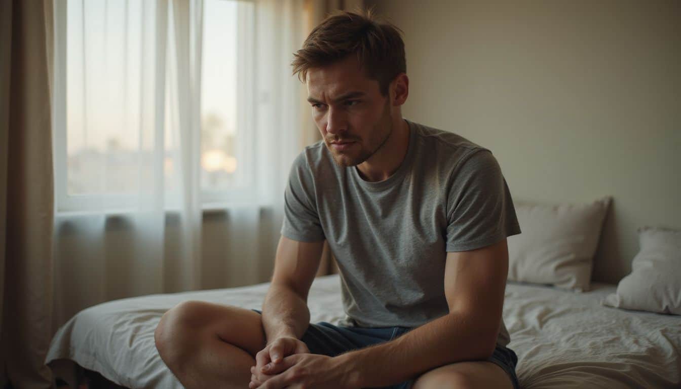 A man sits anxiously on a bed, conveying vulnerability and discomfort with his body in an intimate setting. A man sits anxiously on a bed, conveying vulnerability and discomfort with his body in an intimate setting.