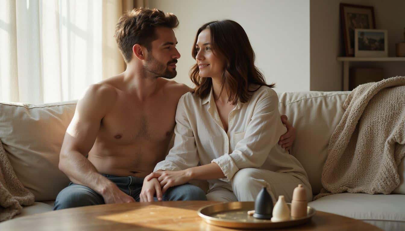A couple sits closely on a sofa, sharing a tender moment with adult toys on the coffee table between them. A couple sits closely on a sofa, sharing a tender moment with adult toys on the coffee table between them.