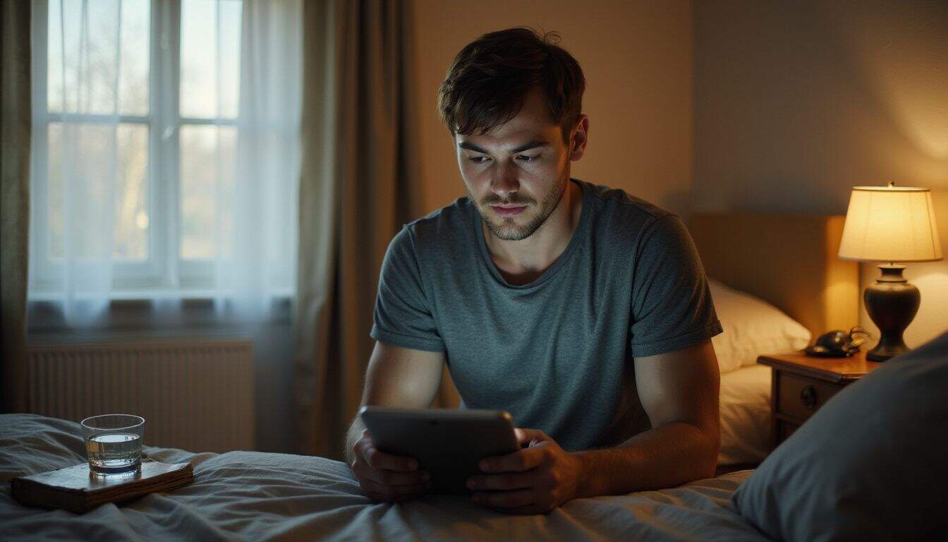 A young man sits on a bed, engrossed in a tablet, displaying tension and deep concentration. A young man sits on a bed, engrossed in a tablet, displaying tension and deep concentration.