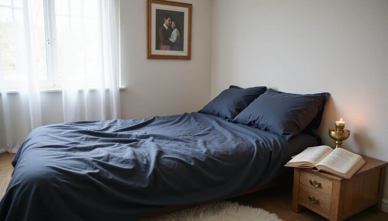 A cozy bedroom features a bed, a wooden nightstand with a candle, and an open journal with a heartfelt quote. A cozy bedroom features a bed, a wooden nightstand with a candle, and an open journal with a heartfelt quote.