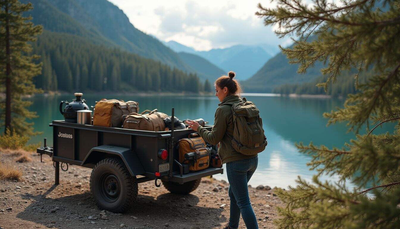 A woman calmly unloads camping gear from an off-road trailer beside a mountain lake. A woman calmly unloads camping gear from an off-road trailer beside a mountain lake.