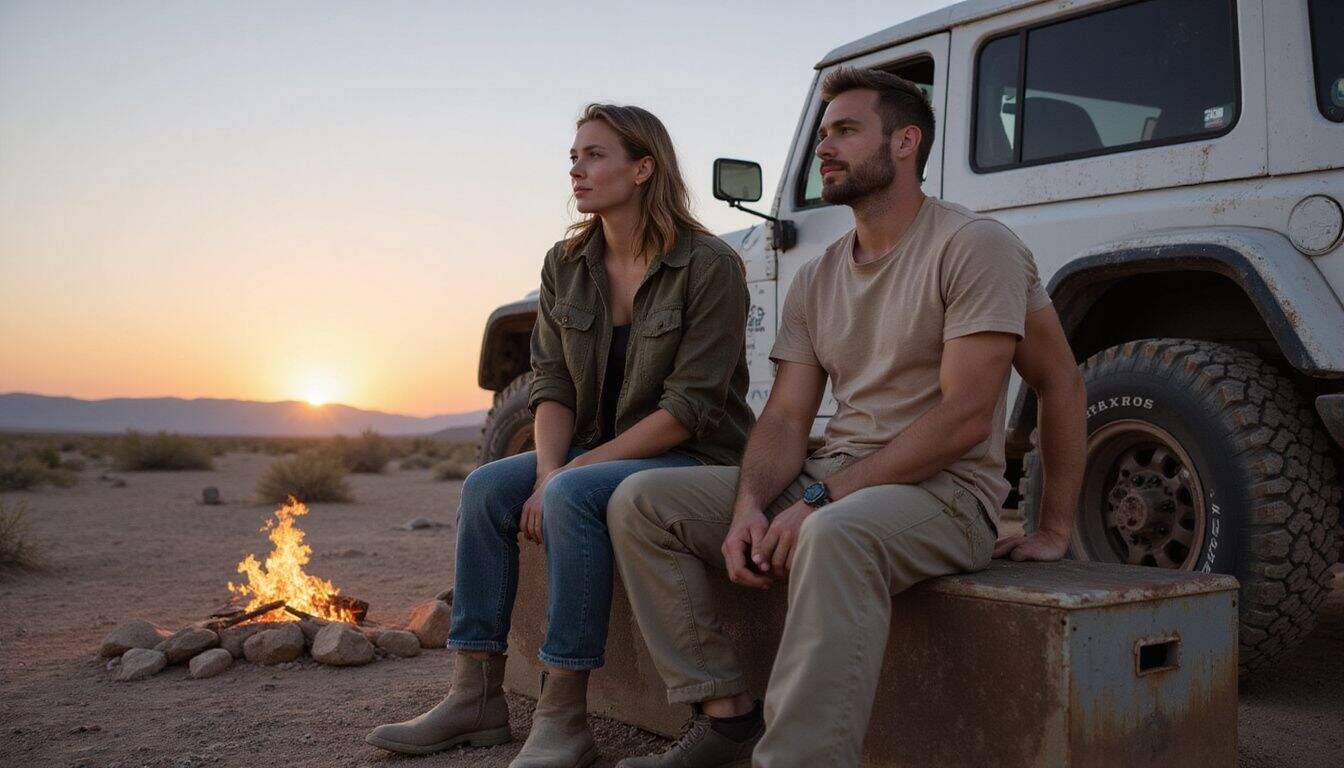 A couple in their thirties sits on a rugged off-road trailer at a desert campsite, enjoying a peaceful evening. A couple in their thirties sits on a rugged off-road trailer at a desert campsite, enjoying a peaceful evening.