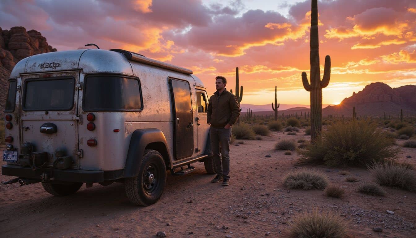 A man stands next to a rugged off-road trailer in the desert at sunset. A man stands next to a rugged off-road trailer in the desert at sunset.