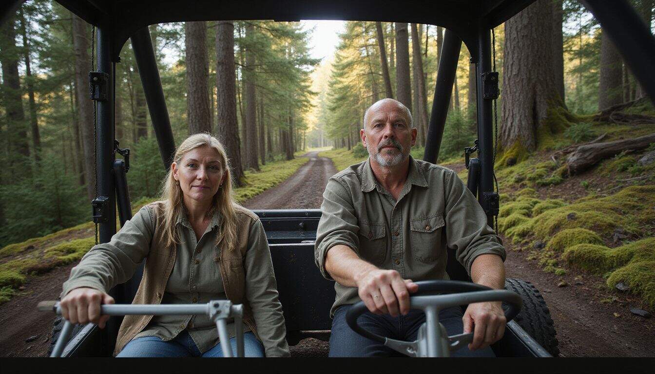 A couple in their 40s navigate an off-road trail in a rugged trailer, surrounded by dense forest. A couple in their 40s navigate an off-road trail in a rugged trailer, surrounded by dense forest.
