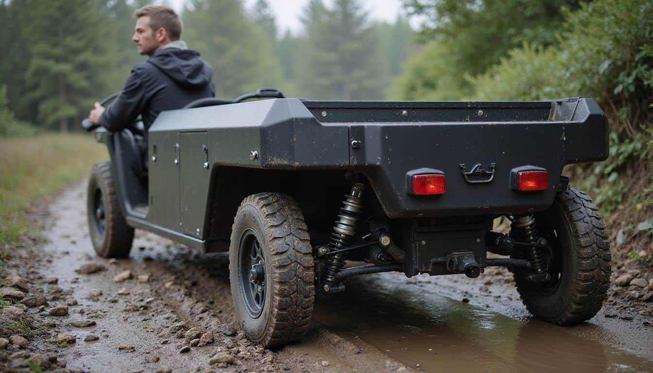 A man confidently tows a matte black trailer over rough terrain with a rugged off-road vehicle. A man confidently tows a matte black trailer over rough terrain with a rugged off-road vehicle.