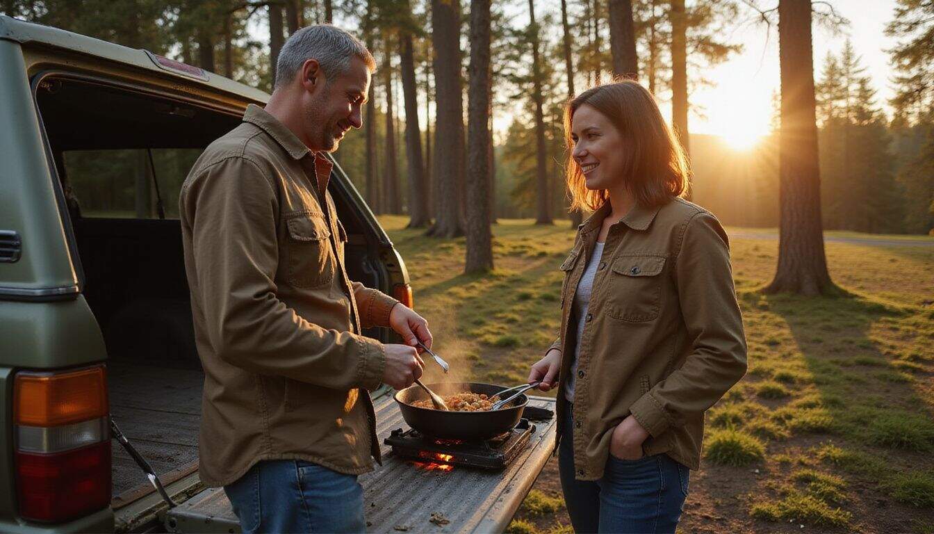 A man and woman in their forties cook together on the tailgate of an off-road trailer in a forest setting at sunset. A man and woman in their forties cook together on the tailgate of an off-road trailer in a forest setting at sunset.
