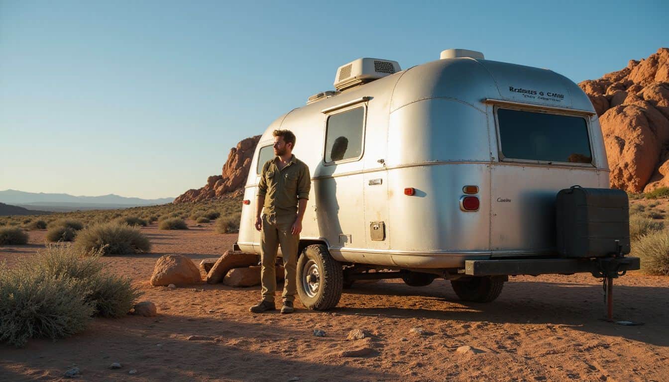 A man stands next to a rugged expedition trailer in a desert campsite at golden hour. A man stands next to a rugged expedition trailer in a desert campsite at golden hour.