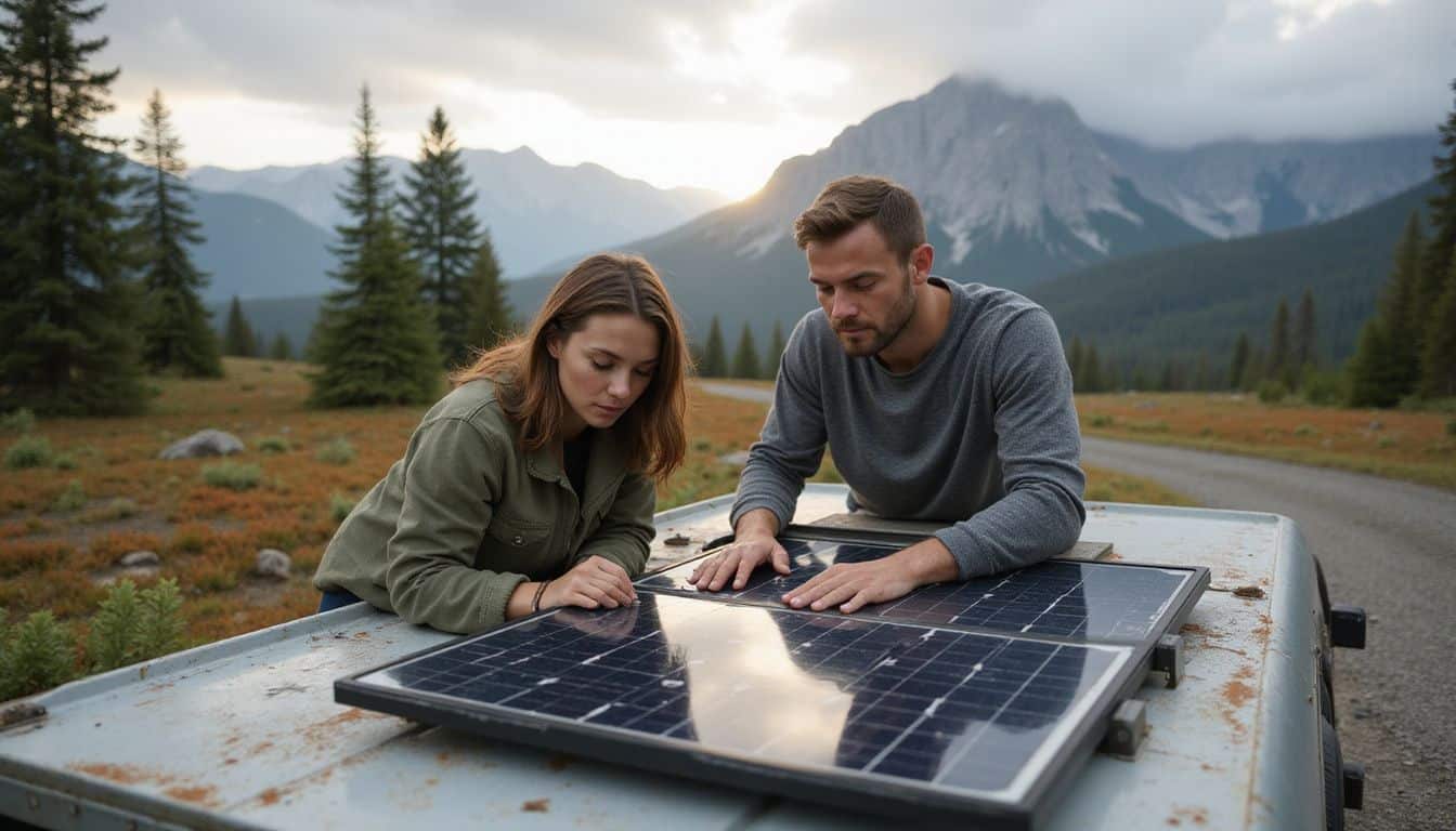 A man and a woman are installing a solar panel on a rugged off-road trailer in a remote wilderness. A man and a woman are installing a solar panel on a rugged off-road trailer in a remote wilderness.