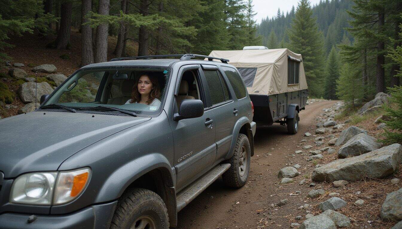 A woman drives an SUV with a pop-up camper on a rocky mountain trail. A woman drives an SUV with a pop-up camper on a rocky mountain trail.