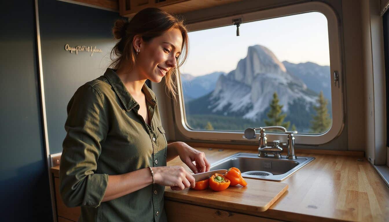 A woman in her 30s prepares food inside a compact trailer with a scenic mountain view. A woman in her 30s prepares food inside a compact trailer with a scenic mountain view.
