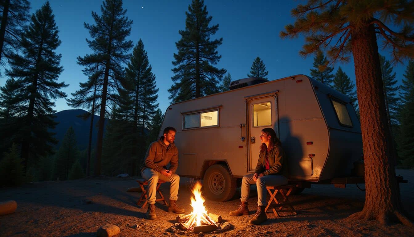 A couple in their 30s sits by a campfire next to their off-road trailer in a remote pine forest. A couple in their 30s sits by a campfire next to their off-road trailer in a remote pine forest.