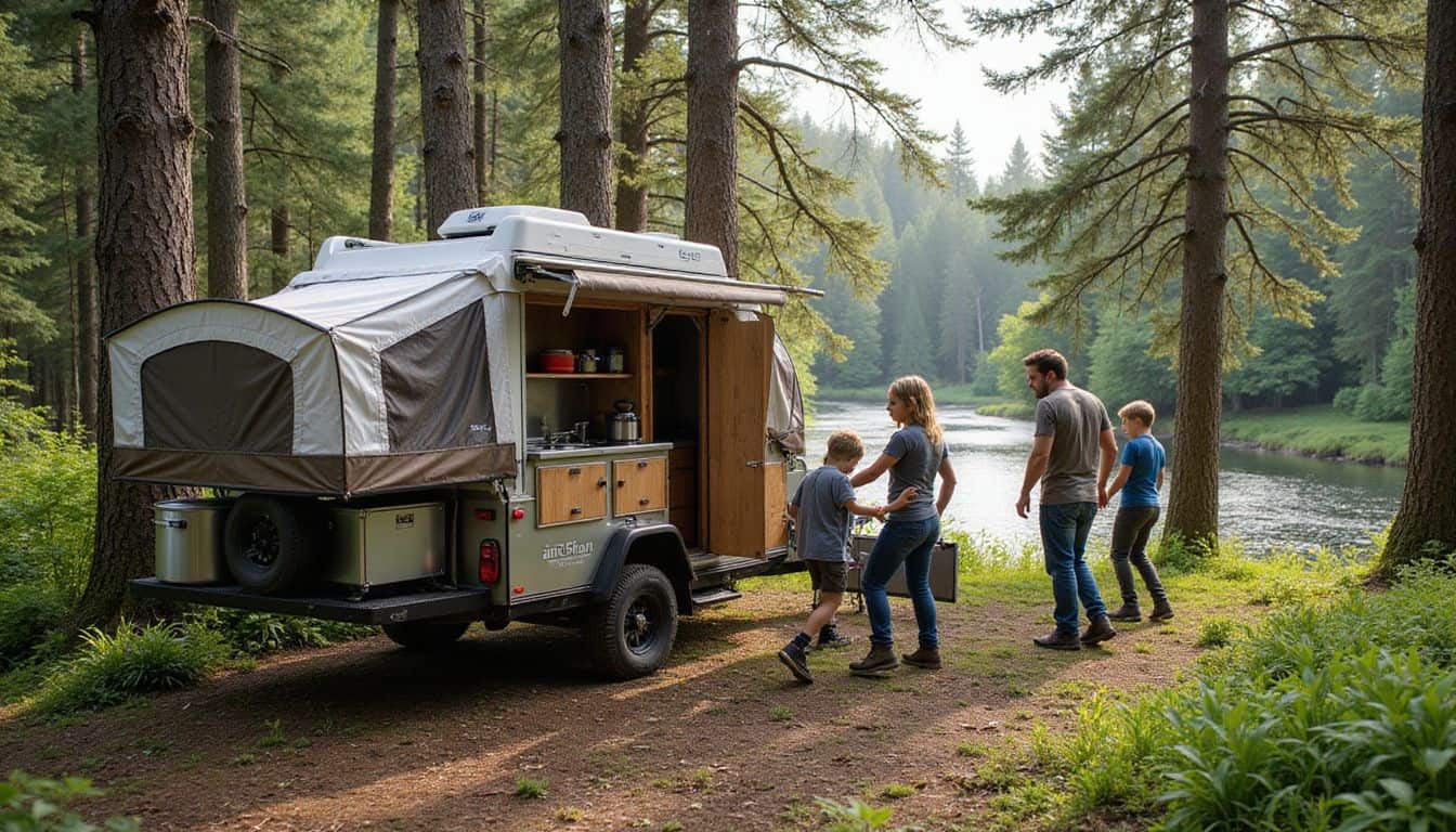 A family sets up their pop-up camper at a serene forest campsite by a river. A family sets up their pop-up camper at a serene forest campsite by a river.