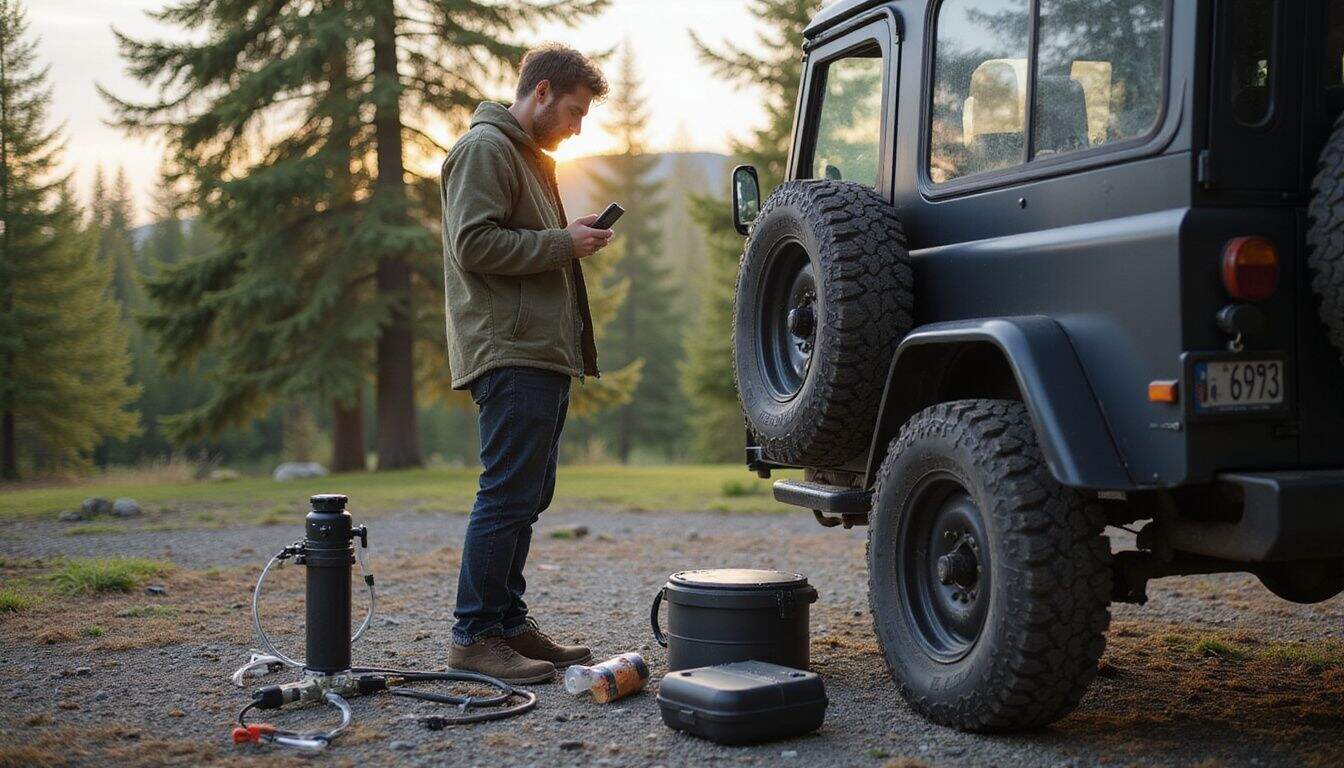 A man in his 30s prepares camping gear beside an off-road trailer in a natural, rugged setting. A man in his 30s prepares camping gear beside an off-road trailer in a natural, rugged setting.