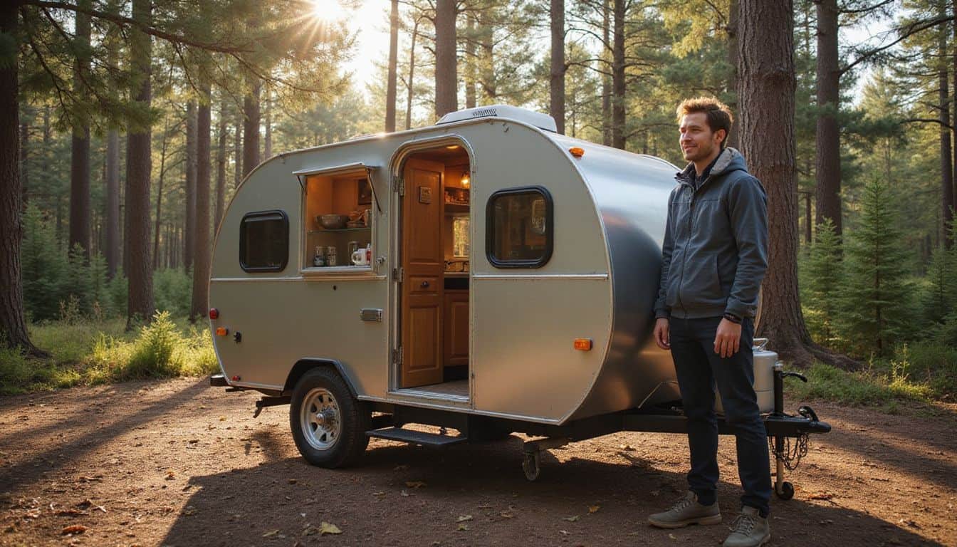 A teardrop trailer in a forest clearing with a person standing beside it. A teardrop trailer in a forest clearing with a person standing beside it.