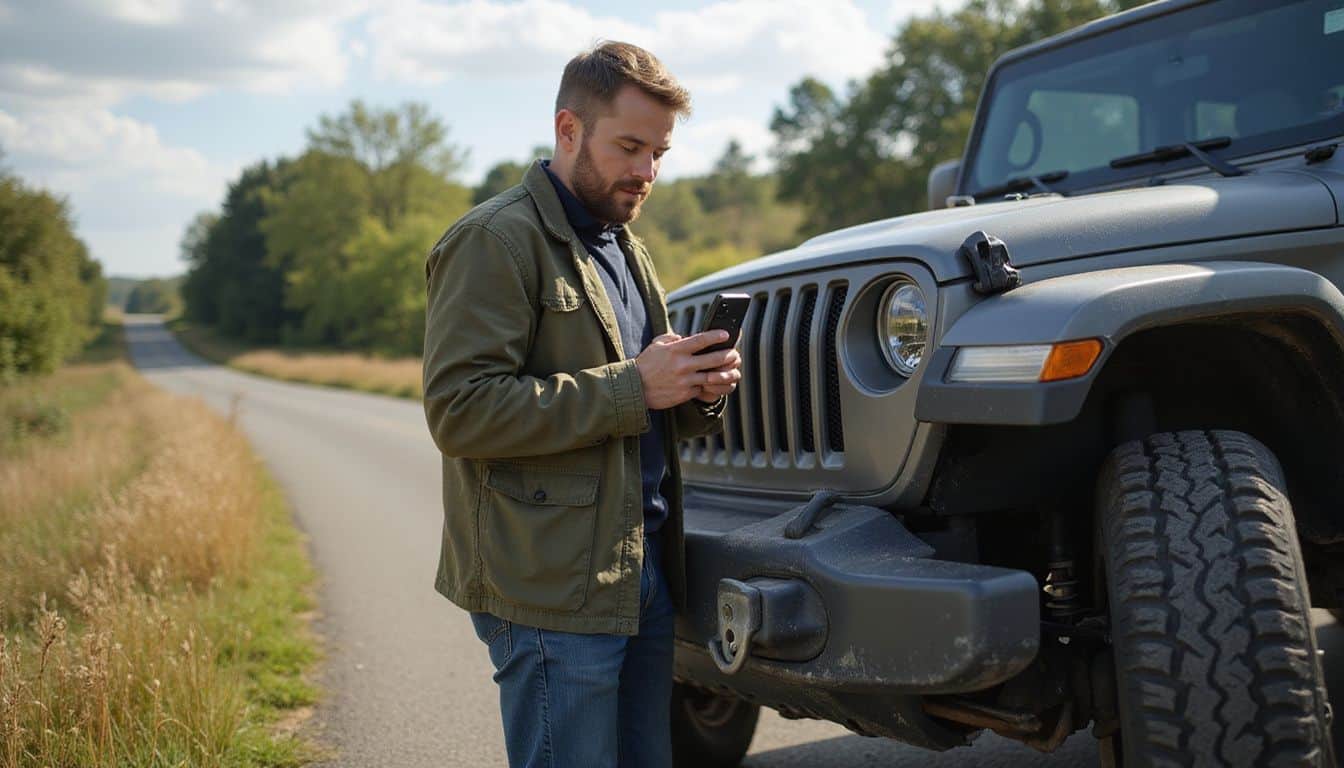 A man stands next to a Jeep with a smartphone, focused on navigating a country road. A man stands next to a Jeep with a smartphone, focused on navigating a country road.
