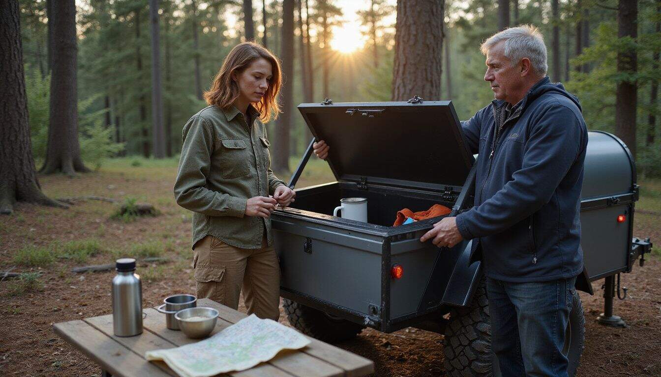 A couple is setting up a rugged off-road trailer at a secluded forest campsite. A couple is setting up a rugged off-road trailer at a secluded forest campsite.