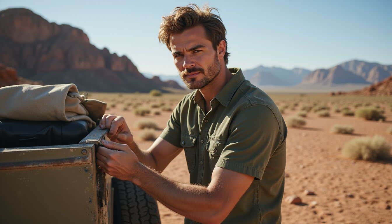 A man in his early 30s adjusts a compact off-road trailer in the desert. A man in his early 30s adjusts a compact off-road trailer in the desert.