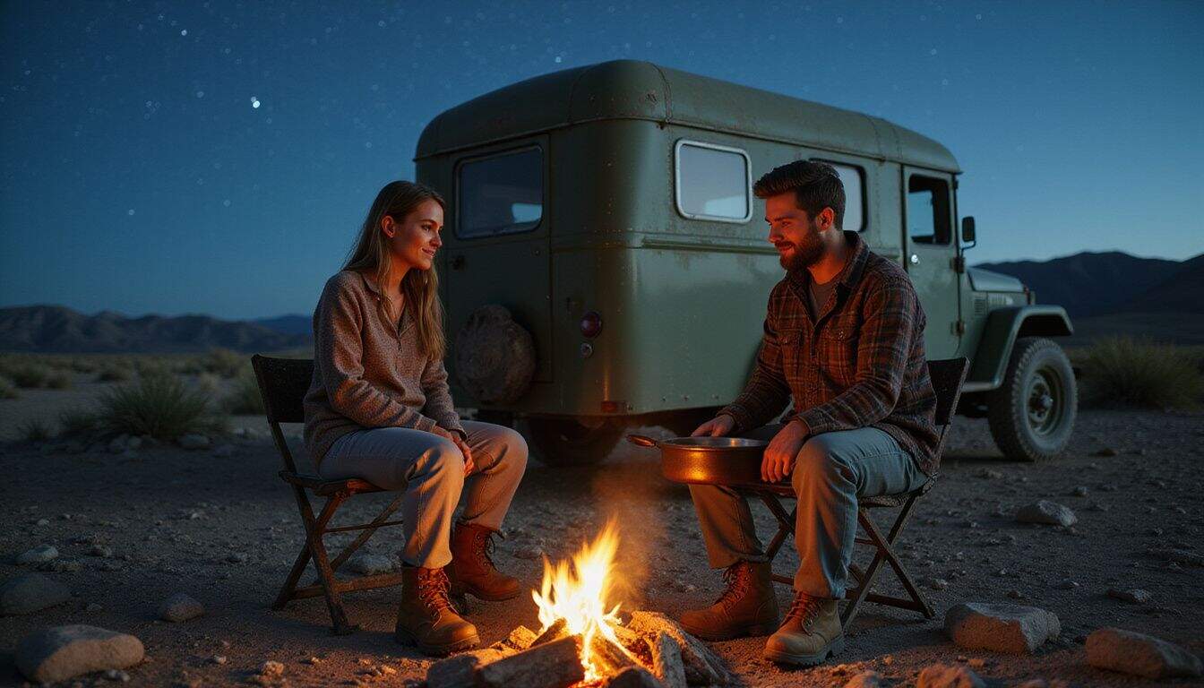 A couple in their 30s enjoys a peaceful evening by the campfire in the wilderness. A couple in their 30s enjoys a peaceful evening by the campfire in the wilderness.