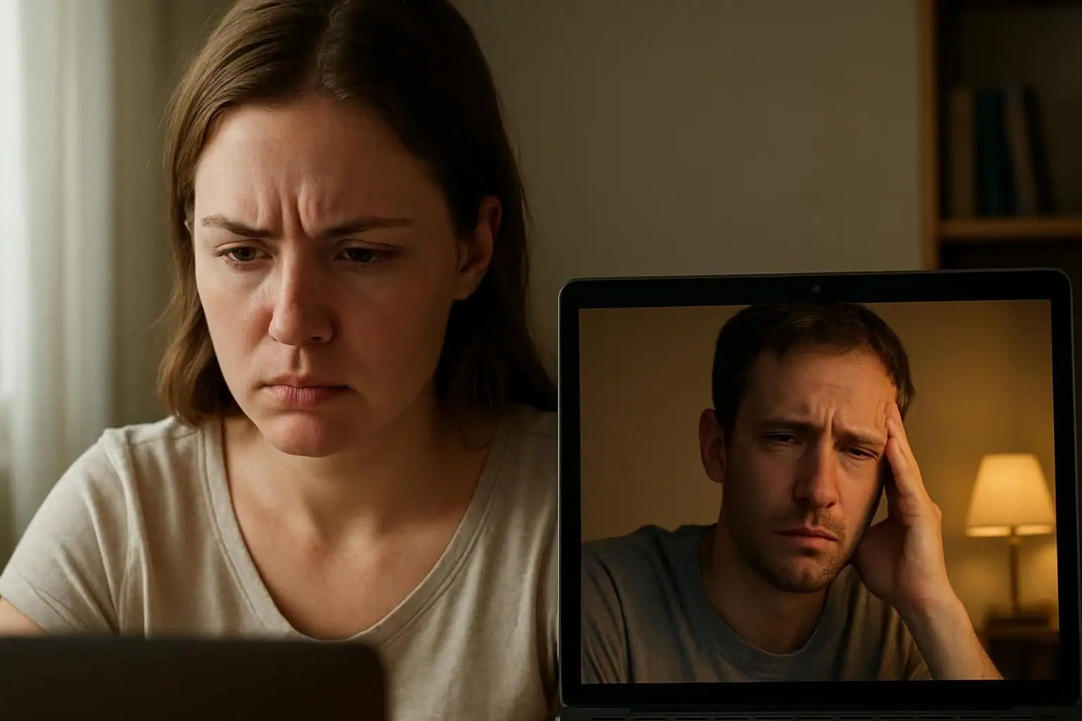 A young woman and man engage in a video call, expressing frustration and longing due to their emotional distance. A young woman and man engage in a video call, expressing frustration and longing due to their emotional distance.