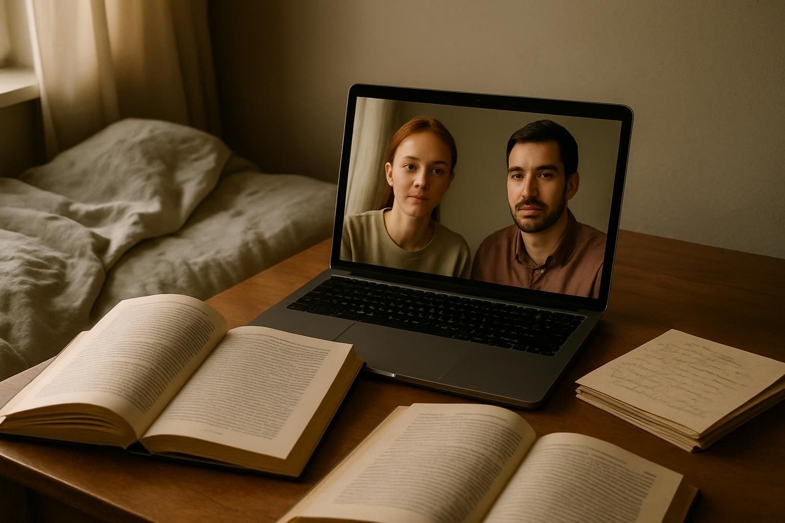 A cozy bedroom corner features a laptop video call, open books on communication, and handwritten letters on a wooden desk. A cozy bedroom corner features a laptop video call, open books on communication, and handwritten letters on a wooden desk.