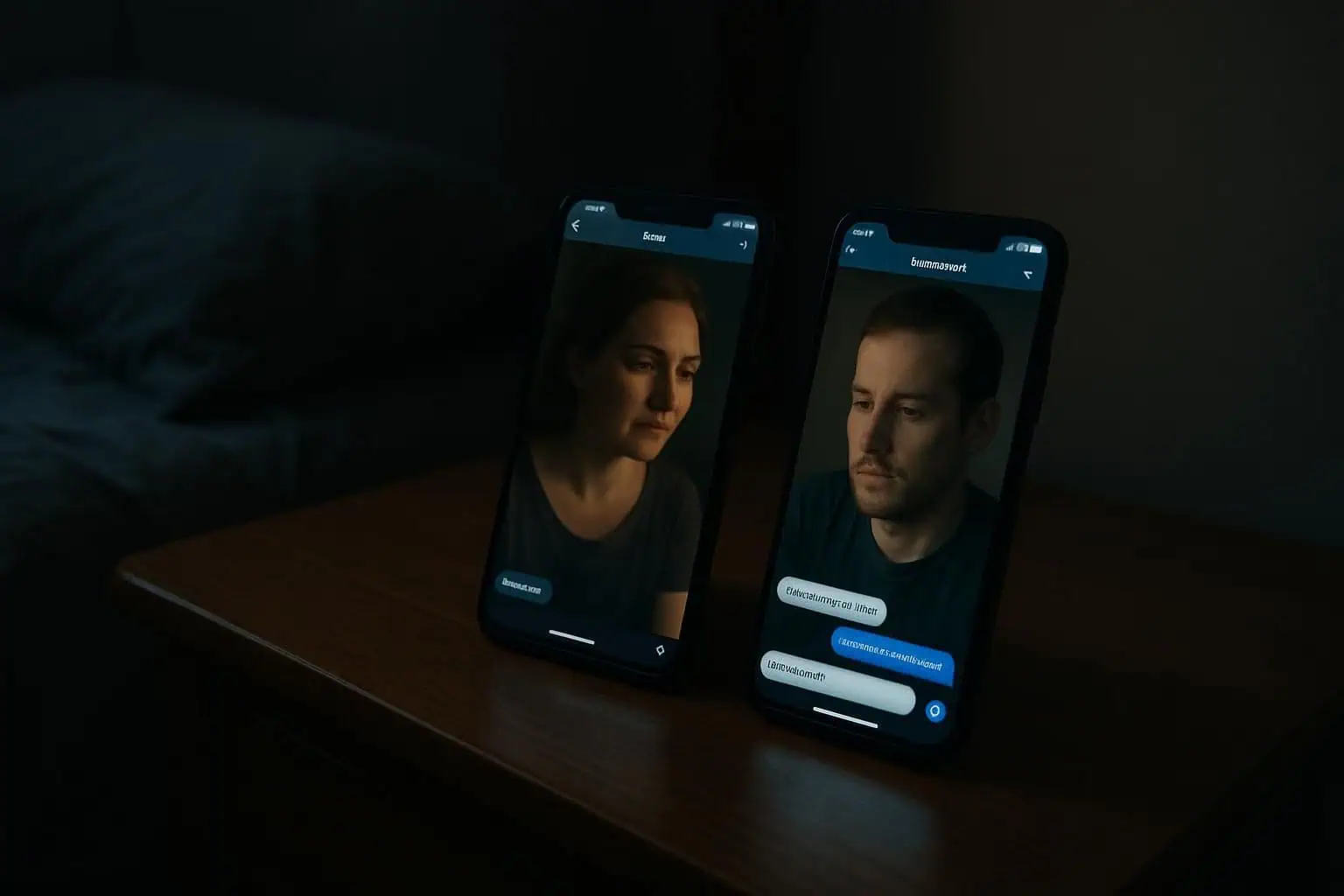 A woman and man engage in a heartfelt conversation on their smartphones beside a neatly arranged bed. A woman and man engage in a heartfelt conversation on their smartphones beside a neatly arranged bed.
