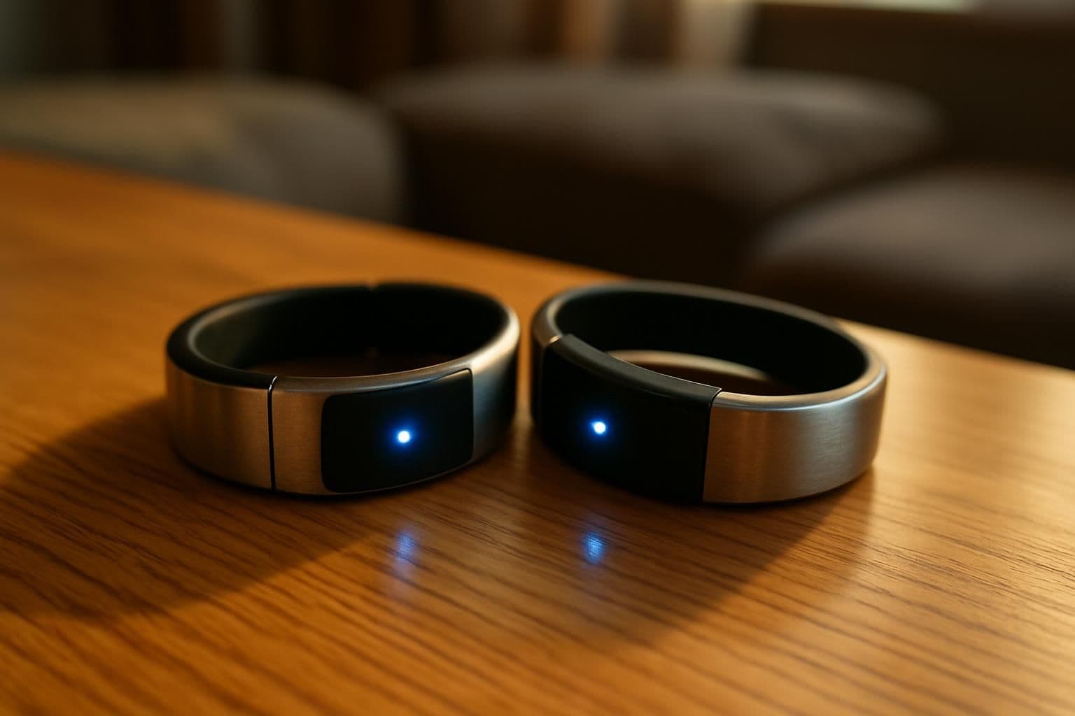 The image features two high-tech touch bracelets on a polished oak table, symbolizing connection between a couple. The image features two high-tech touch bracelets on a polished oak table, symbolizing connection between a couple.