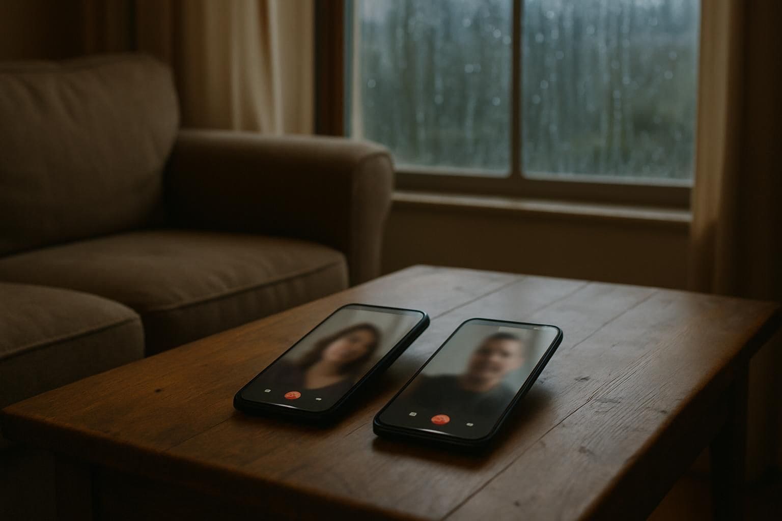 A cozy living room features two smartphones on a wooden table, reflecting video calls amidst a rainy backdrop. A cozy living room features two smartphones on a wooden table, reflecting video calls amidst a rainy backdrop.