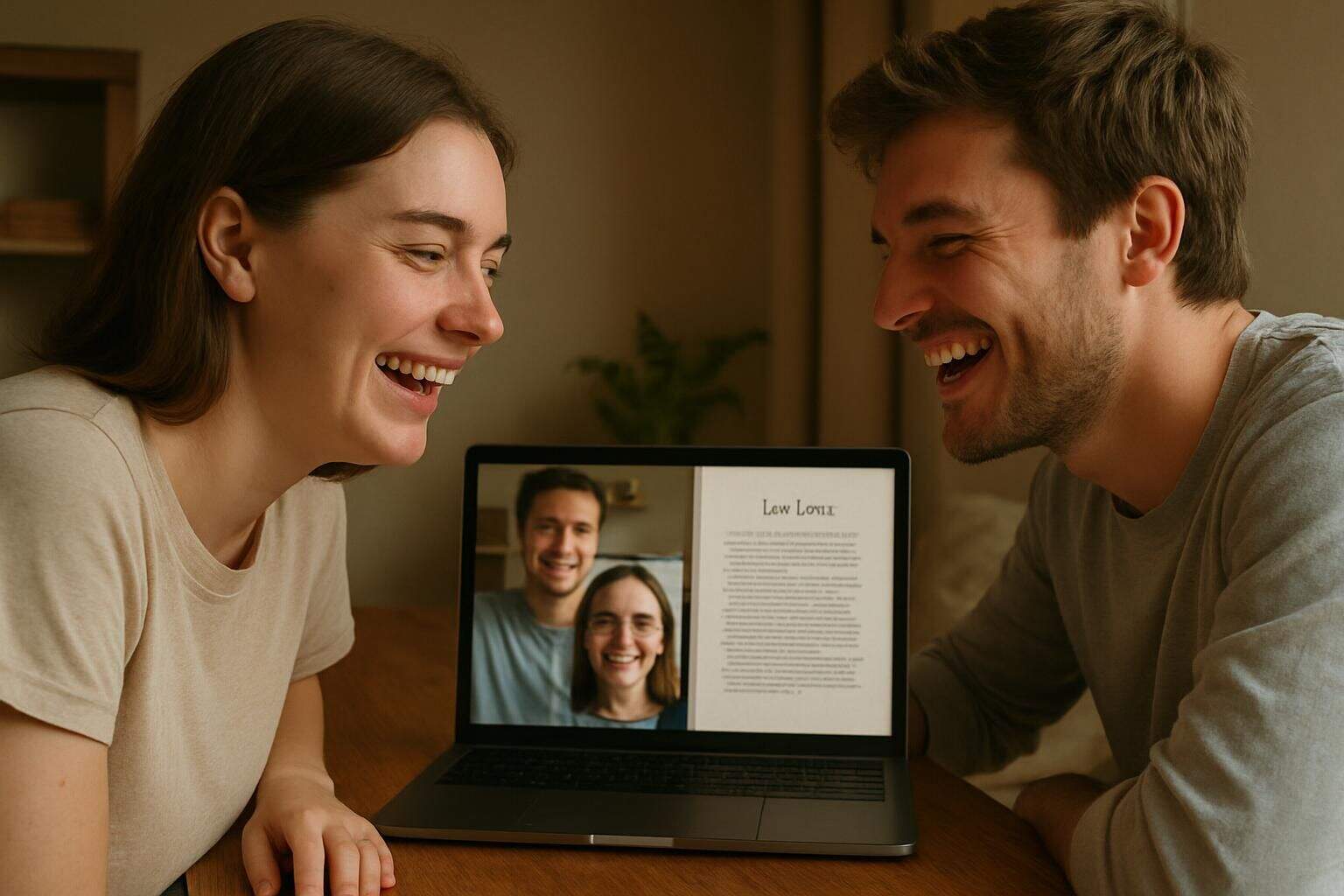 A young couple shares a joyful laugh during a virtual date over a laptop, surrounded by an inviting room. A young couple shares a joyful laugh during a virtual date over a laptop, surrounded by an inviting room.