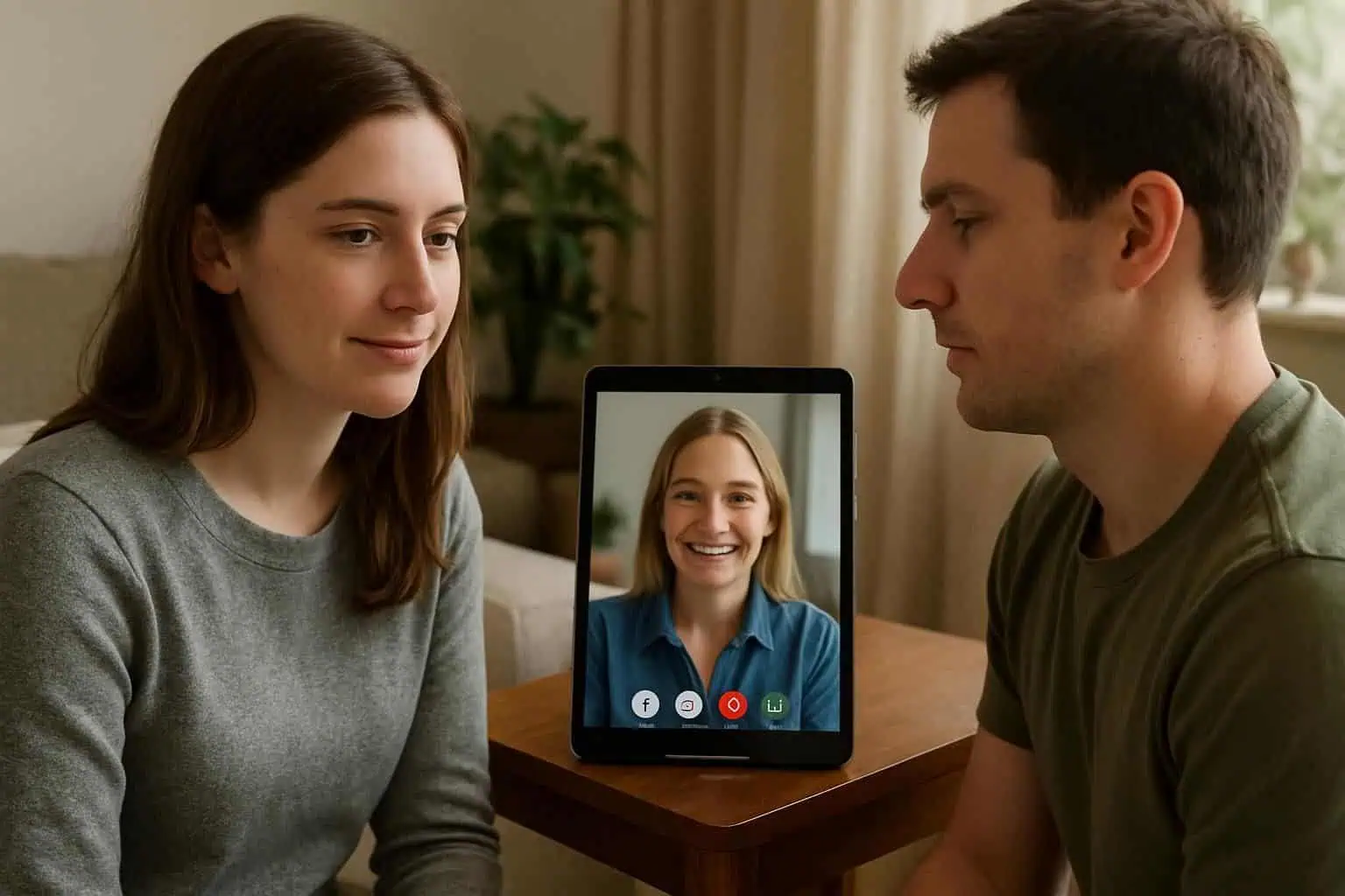 A young woman and man share a video call on a tablet while seated comfortably on a plush sofa. A young woman and man share a video call on a tablet while seated comfortably on a plush sofa.