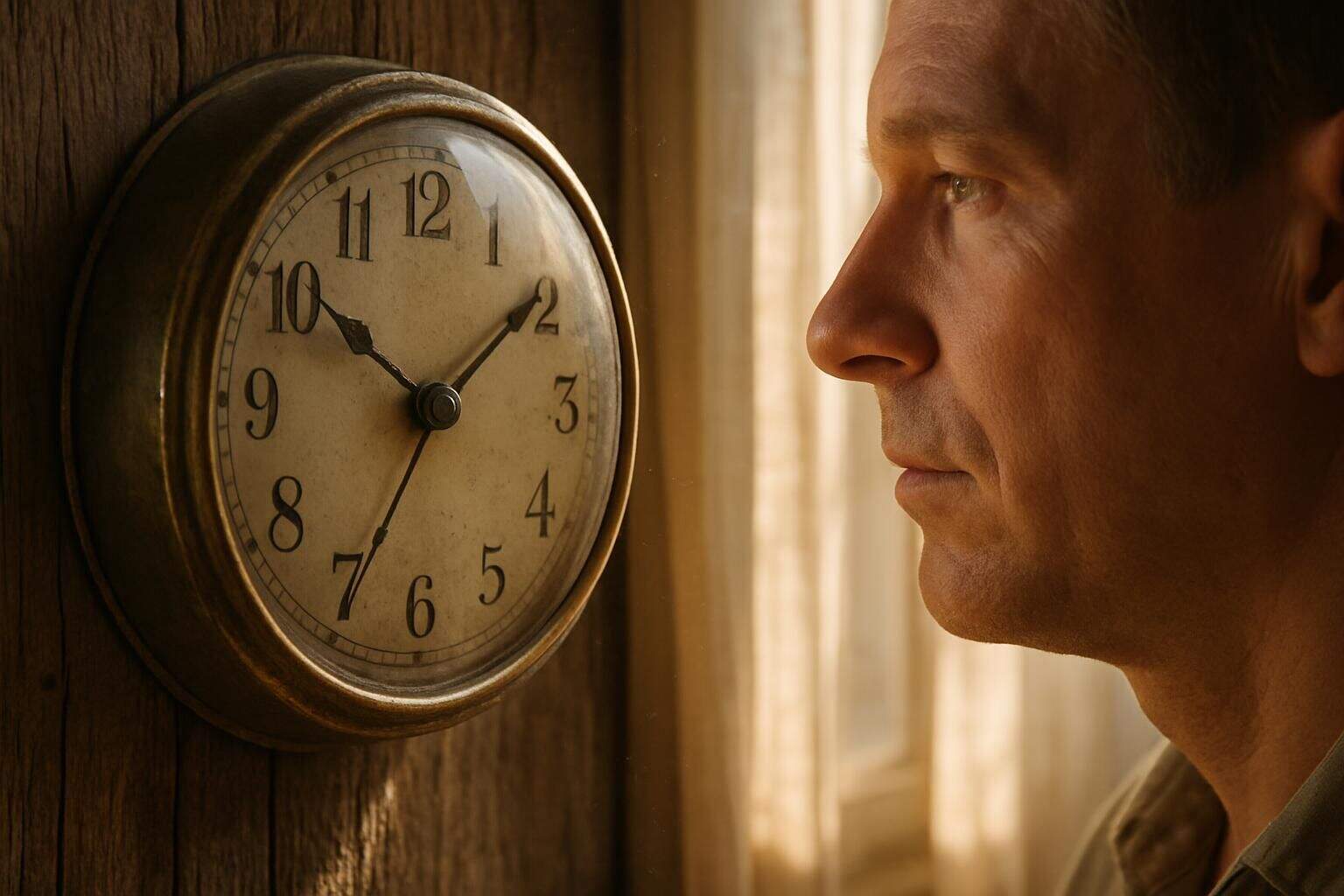 A vintage analog clock on a weathered wooden wall reflects the passage of time, accompanied by a contemplative figure. A vintage analog clock on a weathered wooden wall reflects the passage of time, accompanied by a contemplative figure.