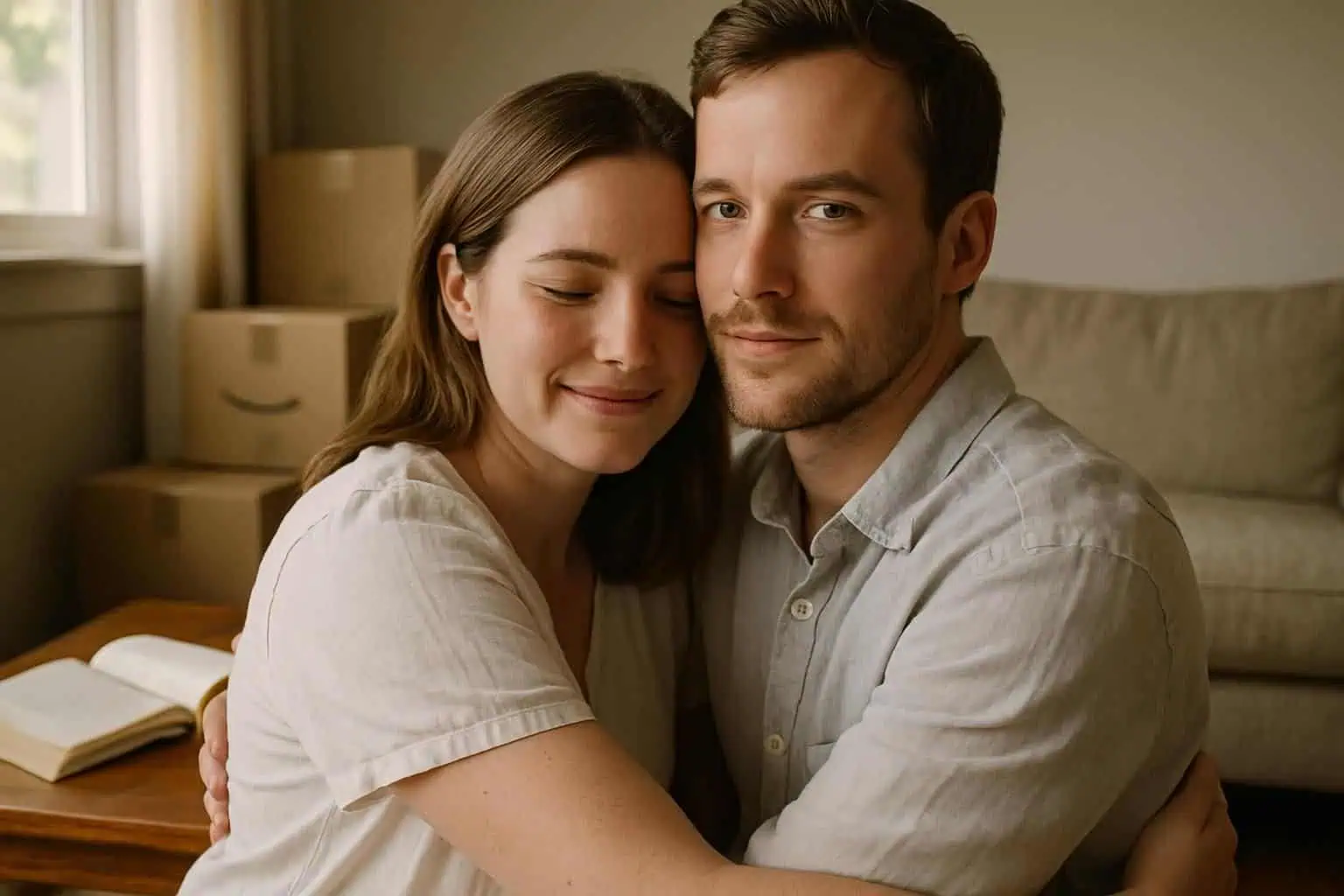A couple shares a tender embrace in their cozy, partially unpacked living room, reflecting their newfound closeness. A couple shares a tender embrace in their cozy, partially unpacked living room, reflecting their newfound closeness.