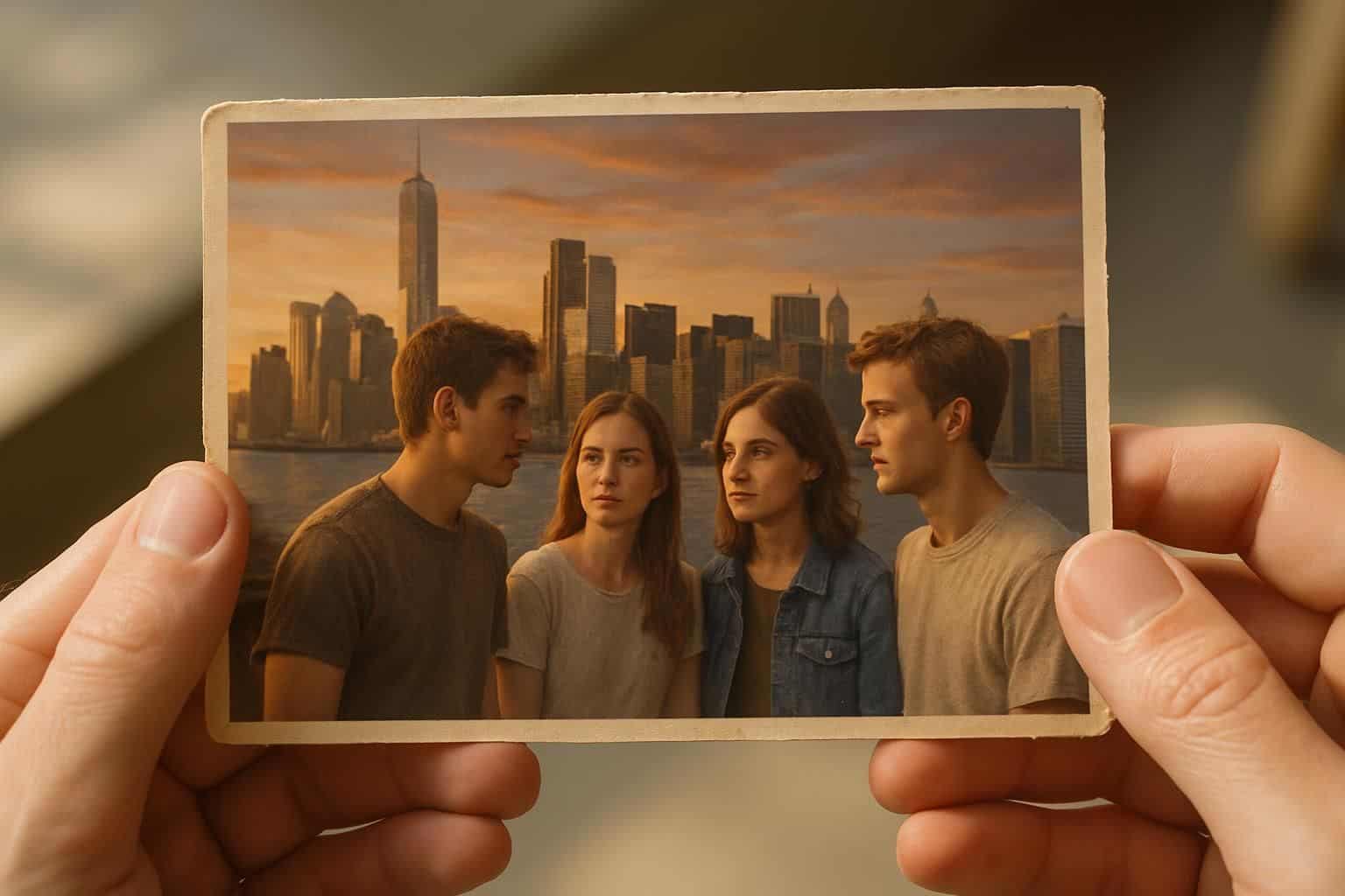 A postcard featuring a city skyline at sunset, held between hands, evokes memories of a long-distance relationship. A postcard featuring a city skyline at sunset, held between hands, evokes memories of a long-distance relationship.