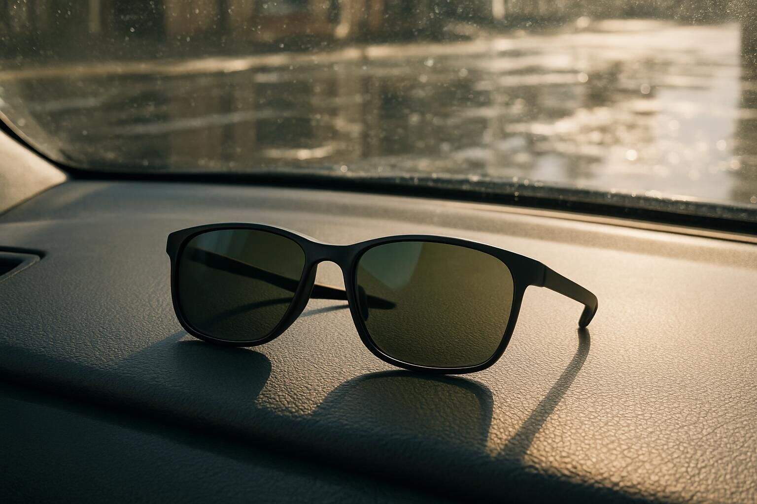 A pair of black polarized sunglasses rests on a textured leather dashboard in the sunlight.