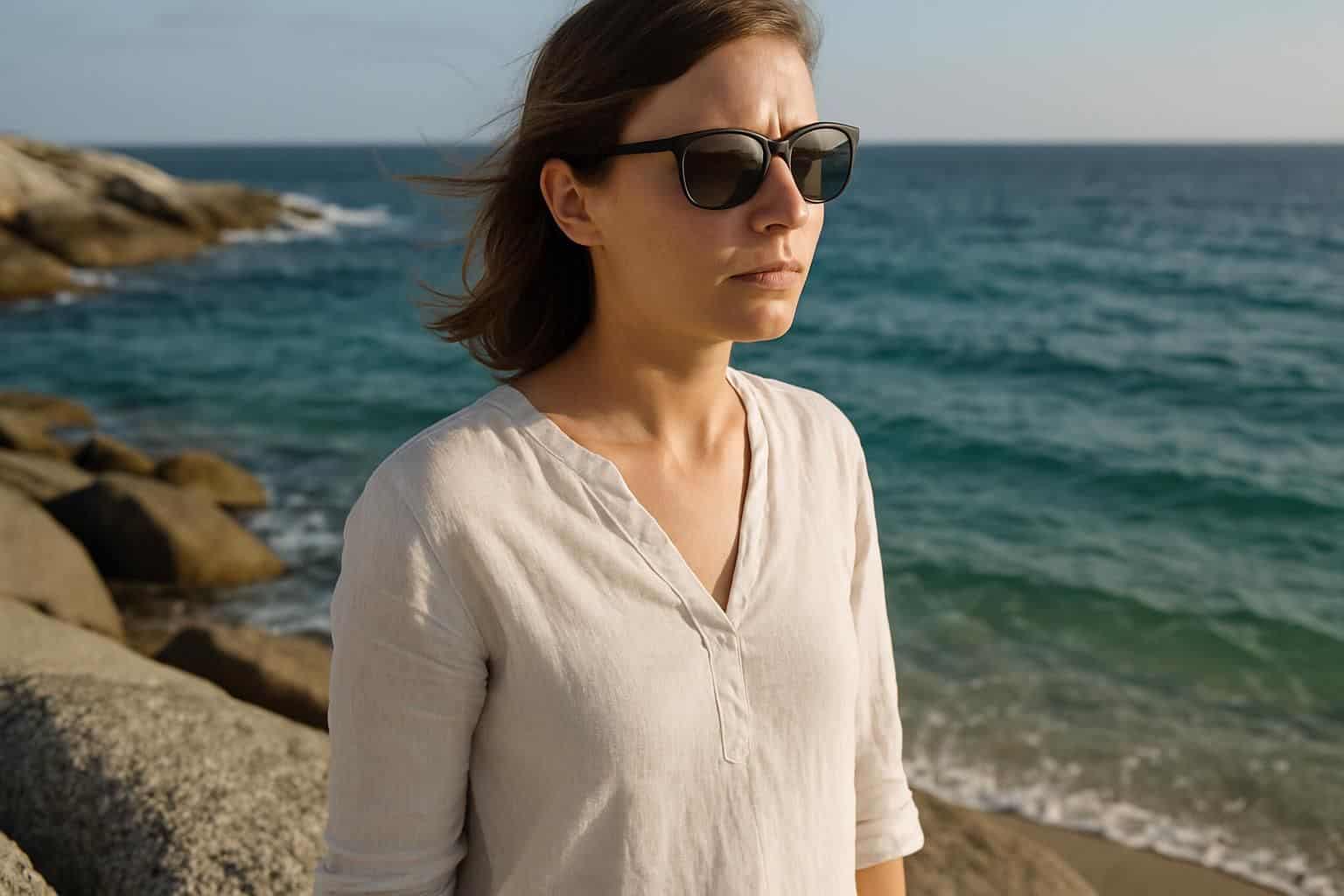 A woman in her 30s stands barefoot on a rocky shoreline, wearing sunglasses and a linen blouse, with the ocean in the background.