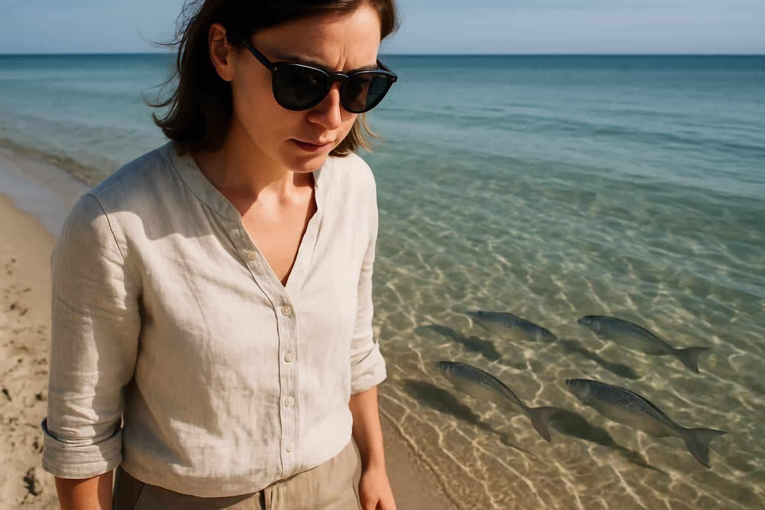 A woman in her 30s stands barefoot on a tranquil beach, looking at the clear water.