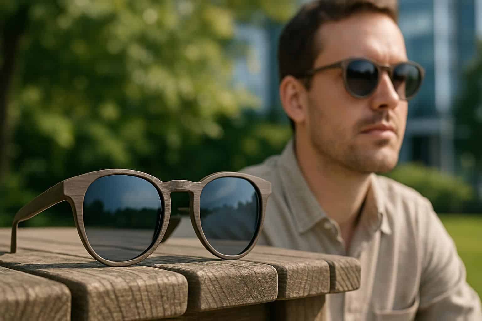 A pair of eco-friendly sunglasses with smart tint technology rests on a weathered bench.