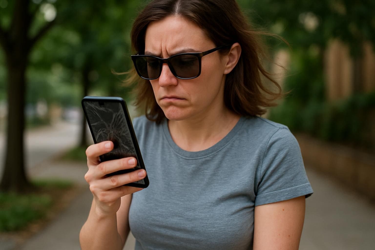 A frustrated woman in her 30s struggles to use a cracked smartphone outdoors.