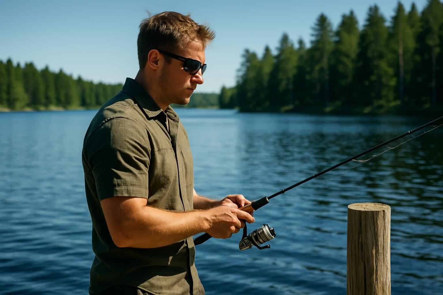 A man in fishing attire stands by a serene lake, focused on his fishing line.