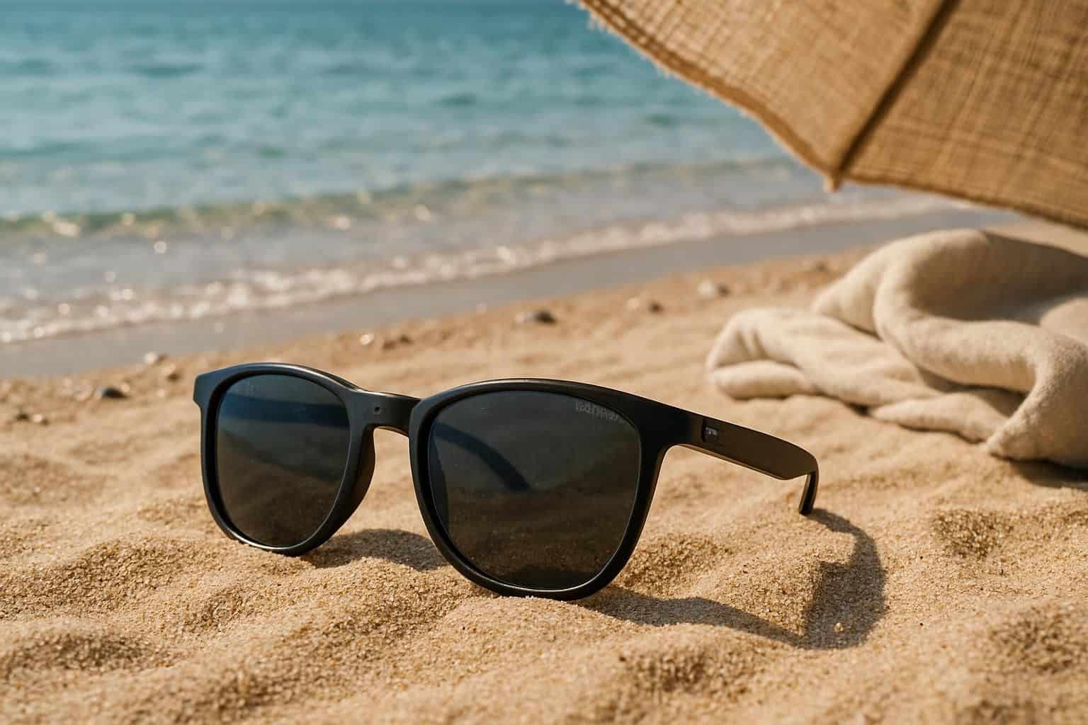 A pair of sleek sunglasses lies in beach sand, with ocean waves and a beach umbrella in the background.