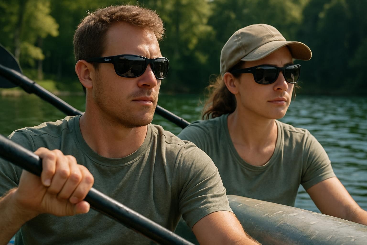A couple in their 30s kayaking on a tranquil lake, wearing Costa sunglasses and enjoying the natural surroundings.