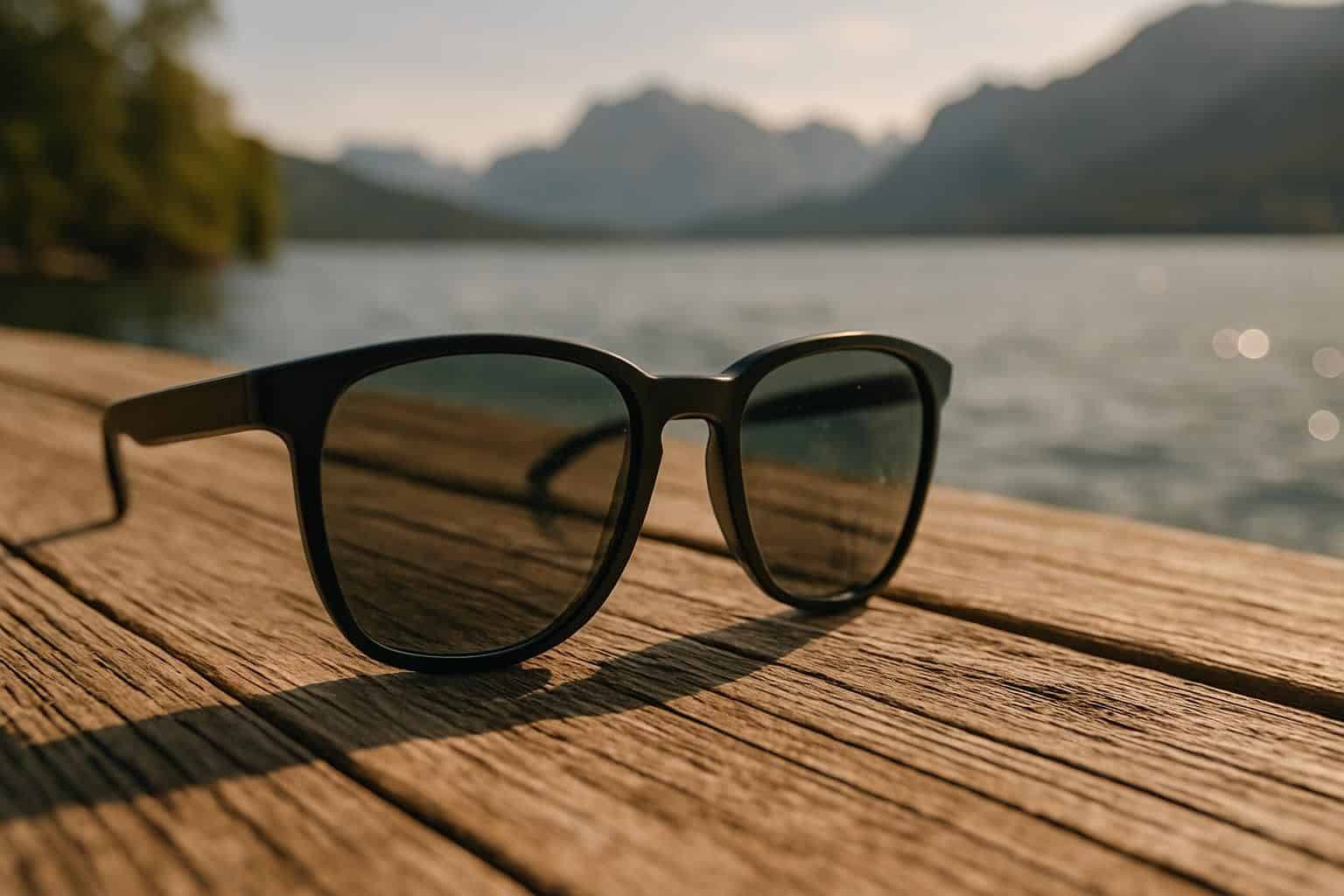 A pair of polarized sunglasses rests on a weathered lakeside dock, with a shimmering lake and mountains in the background.