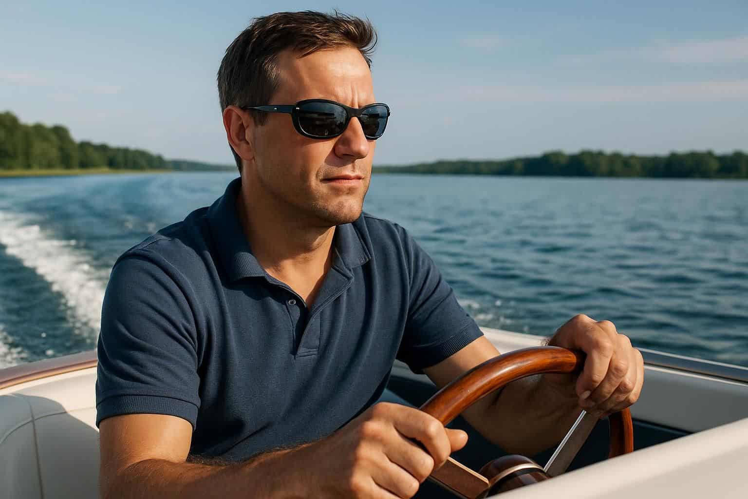 A man navigates a speedboat with confidence, enjoying a peaceful afternoon on the water.