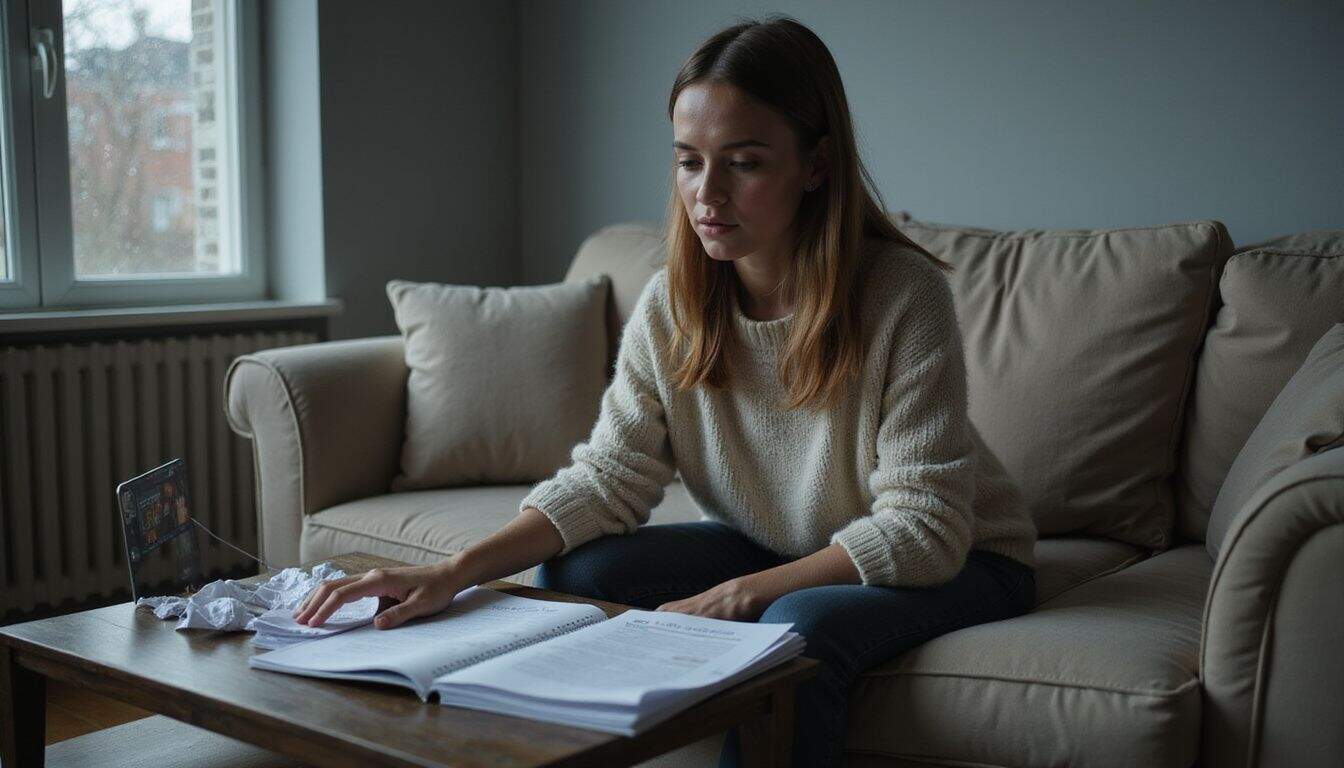 A woman focuses intently on car insurance documents on a coffee table, surrounded by papers and a glowing laptop. A woman focuses intently on car insurance documents on a coffee table, surrounded by papers and a glowing laptop.