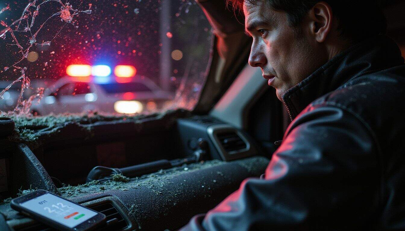 A damaged car's dashboard displays a cracked smartphone showing the 911 dial amid a chaotic scene post-crash. A damaged car's dashboard displays a cracked smartphone showing the 911 dial amid a chaotic scene post-crash.