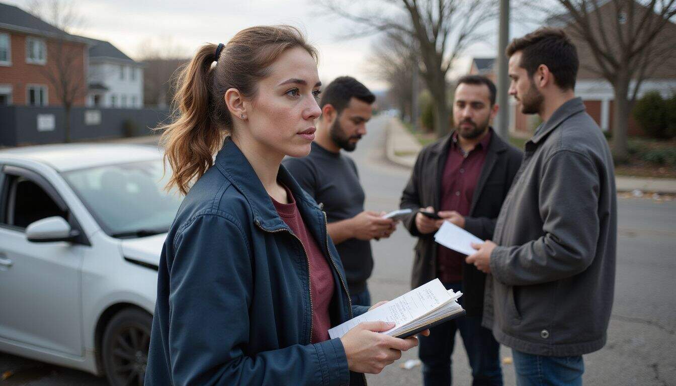 A woman engages with bystanders at a car accident scene, documenting statements and assessing the situation. A woman engages with bystanders at a car accident scene, documenting statements and assessing the situation.