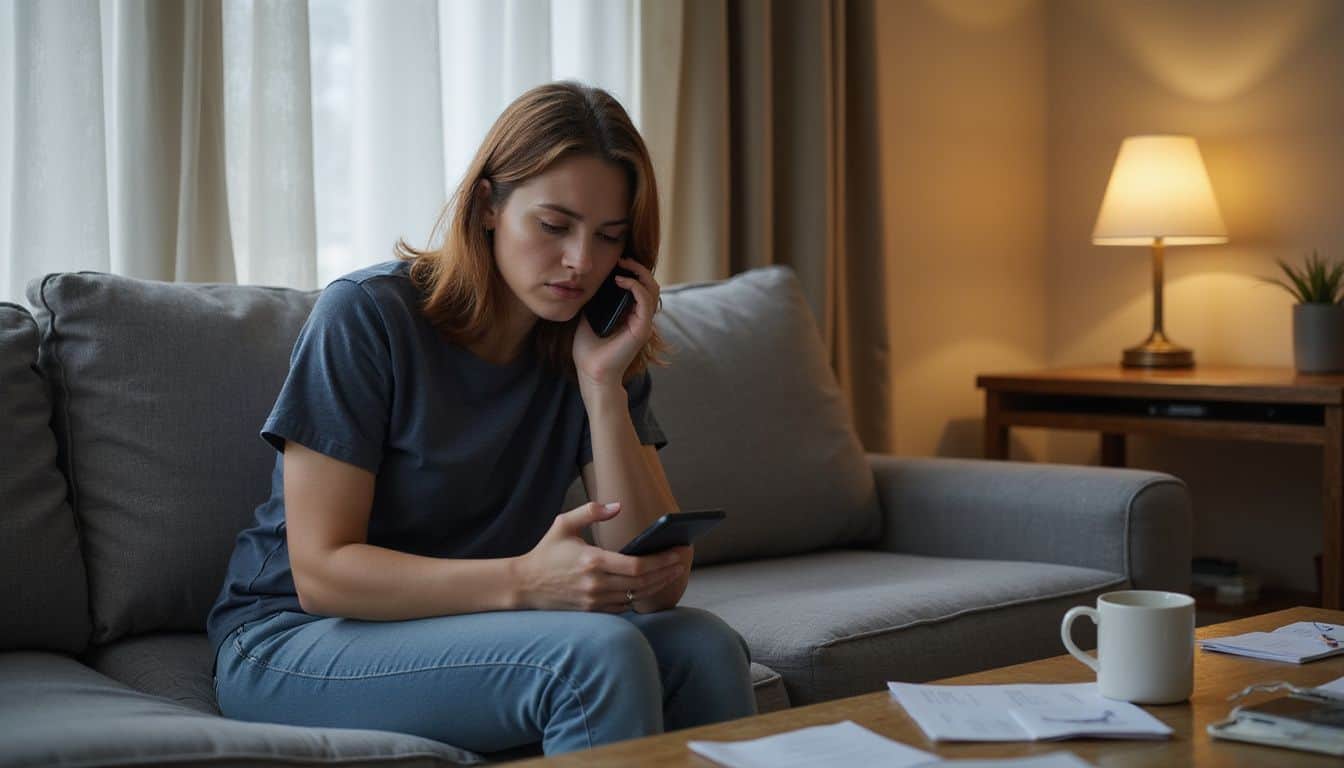 A woman sits on a couch, anxiously discussing her car accident with an insurance company on her phone. A woman sits on a couch, anxiously discussing her car accident with an insurance company on her phone.